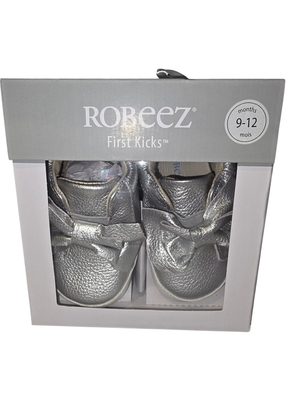 Robeez First Kicks Silver Baby Shoes Size 9-12 Months Soft Sole Moccasins